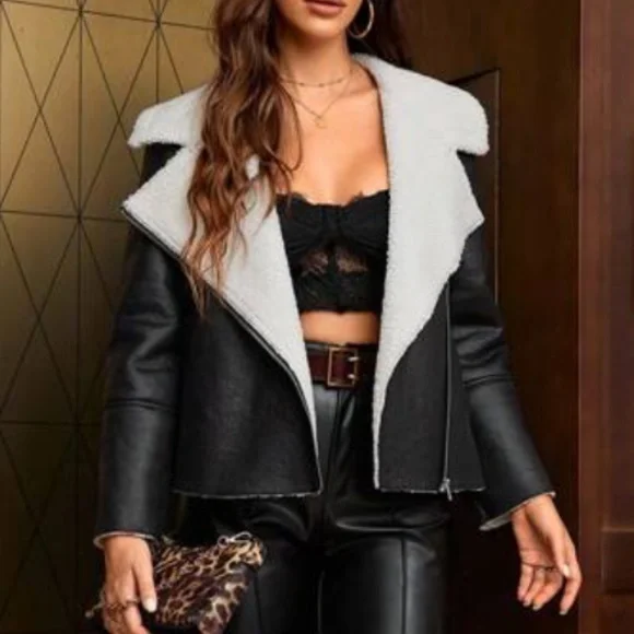 Black Vegan Leather Shearling Lined Moto Biker Jacket - Picture 1 of 5